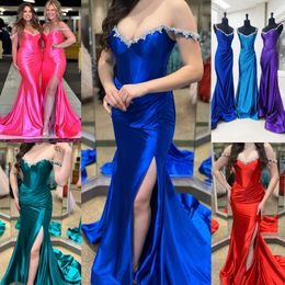 Robe de soirée formelle en satin extensible 2k24 perlée épaules dénudées Lady Pageant Bal Soirée Événement Occasion Spéciale Gala Cocktail Tapis Rouge Robe de Piste Séance Photo Paon