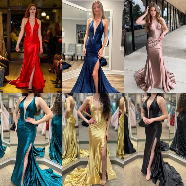 Robe de soirée formelle en satin extensible 2k24 licou col en V dame concours de bal soirée événement occasion spéciale Hoco Gala cocktail tapis rouge robe de piste séance photo fente or