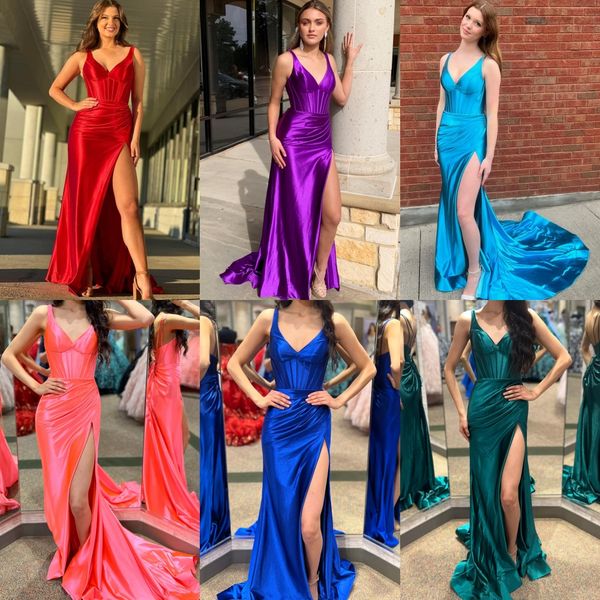 Robe de bal en satin extensible 2k24 violet concours de sororité soirée formelle événement occasion spéciale gala cocktail tapis rouge robe de piste séance photo jupe froncée fente royale