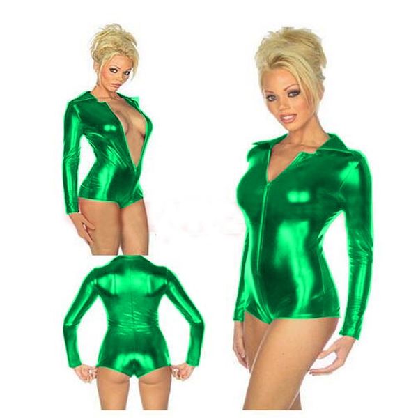 Body elástico brillante metálico de manga larga para mujer, mono ajustado con cremallera frontal y aspecto húmedo, Catsuit corto de baile en barra para fiesta Niglub 210720