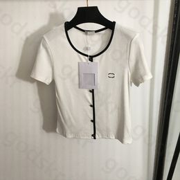 Stretch eenvoudige dunne trui vrouwen zomer knop ontwerper casual korte mouw blouse crop tops klassieke shirt