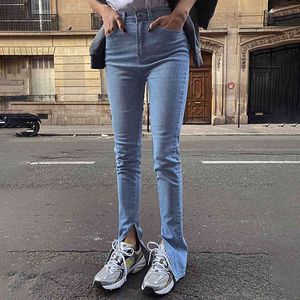 Stretch Slim Jeans Femmes Side Split High Taille Pantalon Y2K Crayon Pantalon serré Poches Zipper Cargo Pantalon Streetwear Pantalon évasé 210419