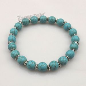 Bracelets en perles turquoise extensibles de 8mm, avec perles d'espacement de couleur argent pour femmes, 12 pièces 288o