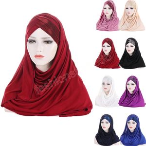 Restig Jersey voorhoofd Kruis hijab moslim sjaal glitter klaar om instant hijabs te dragen tulband femme Musulman Arabische hoofddoek