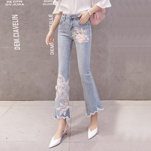 Taille Stretchy Plus Taille Femmes Flare Jeans Pantalons Pantalons Perles Tassels Flower Broderie Denim Skinny Jeans Femme Pantalon Taille High Taille Mom Jeans LJ201013