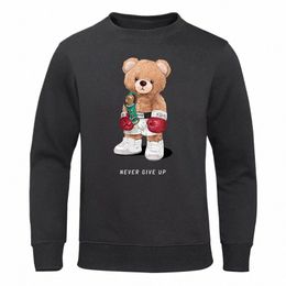 STRG Boxer Teddy Bear Never Give Up Sweatshirt Mens Nouveauté Loose Top Harajuku Chapeau Corde Vêtements Sport S-XXXL Sweat à capuche pour hommes X4UF #