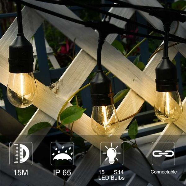 Guirlande Lumineuse Étanche IP65 15m 15 Ampoules 48Ft S14 LED Edison Filament Ampoule Rétro Cour Jardin Vacances Mariage Lumières 211104