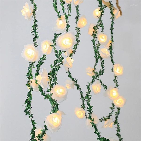 Cuerdas 10/20/40 LED Rose Flower Fairy Light Green Leaf Vine String Guirnalda de Navidad para la fiesta de bodas Decoración de vacaciones