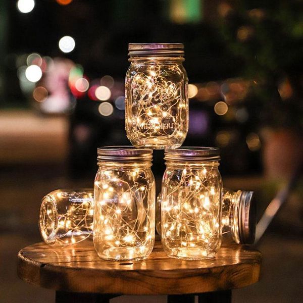 Cuerdas 10/20 LED de energía solar Hada de luces para tapa de tarro de albañil Insertar Fiesta de Navidad Decoración de jardín Guirnalda de boda al aire libre