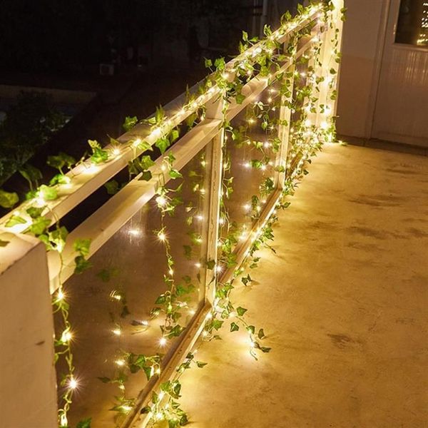 Cuerdas 10 5 2 m Hada Boda Ivy Leaf Vine String Light Solar Powered Green Leaves Lámpara de vacaciones para Navidad Acción de Gracias Patio 258t