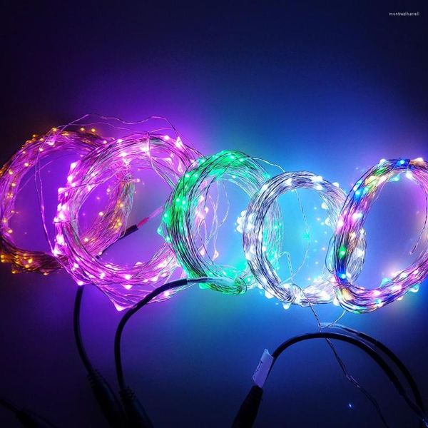 Cuerdas 10M 100LED LED Cadena de luces Hada de Navidad al aire libre Blanco cálido Alambre de plata Estrellado DC 12V Decoración de la boda