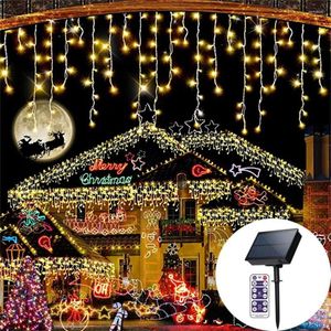 Strings 10m 300 LED Solar Christmas Icicle Lights Outdoor 8 Modi waterdichte fee voor vakantie Patio Balkon Decor