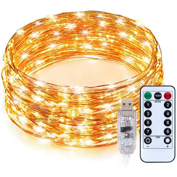 Cordes 10M LED String Light Cuivre 8 Modes USB Alimenté Télécommande Fée Lampe Pour Arbre De Noël Décor De Fête De Mariage
