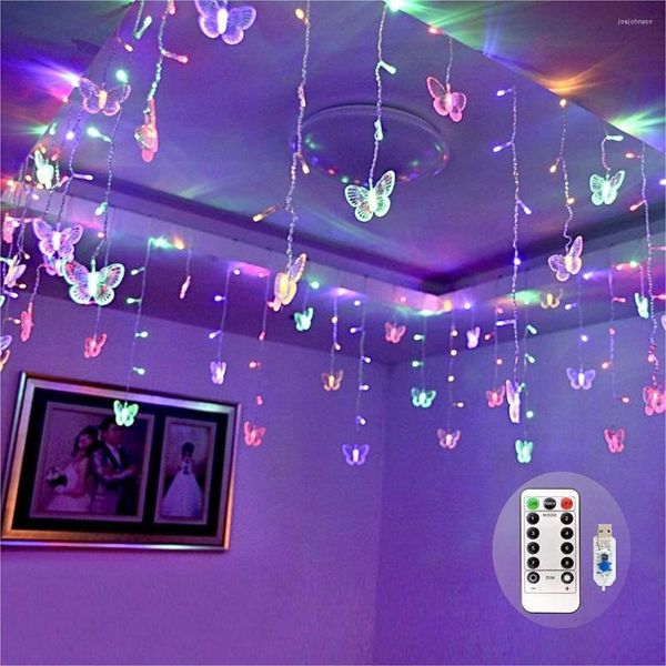 Cuerdas 19.7ft 128 Led Butterfly String Lamp 8 modos Luces de hadas impermeables con control remoto para la decoración del banquete de boda