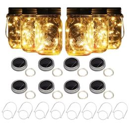 Strings 1 stcs Solar Mason Jar Licht met handgrepen 20 LED String Fairy Firefly Lights Deksels voor kerst Patio Lawn Garden Decor-No J216K