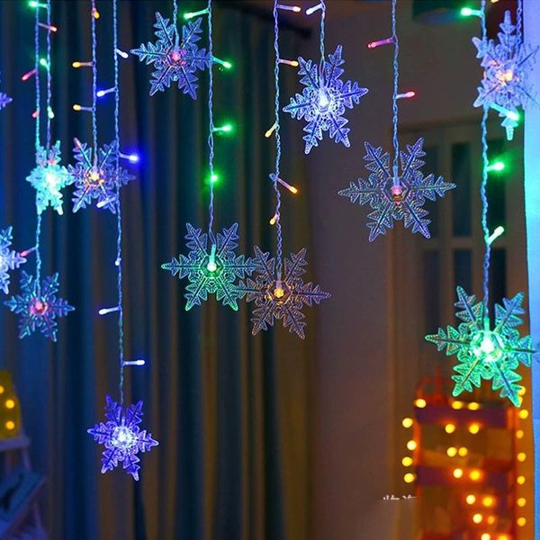 Cuerdas 3.2M Cortina de Navidad Decoración de copo de nieve Luces de cadena LED 2022 Luz de iluminación intermitente Impermeable Fiesta al aire libre LED