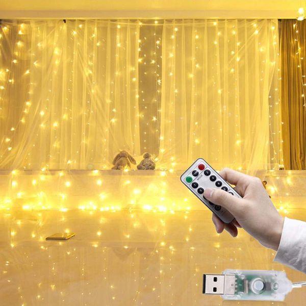 Cuerdas 3 * 3 m LED Luces de hadas Guirnalda Lámpara de cortina Control remoto USB Cadena de luz para el año Navidad Hogar Dormitorio Decoración de ventanas