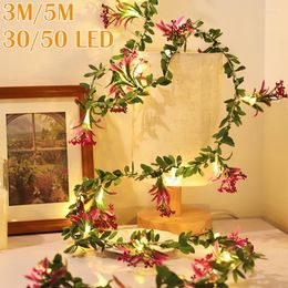 Strings 3/5m Flower Green Leaf String Lights Artificial Vine Fairy Battery Powered Tree Lang Light voor wieden thuisdecoratie