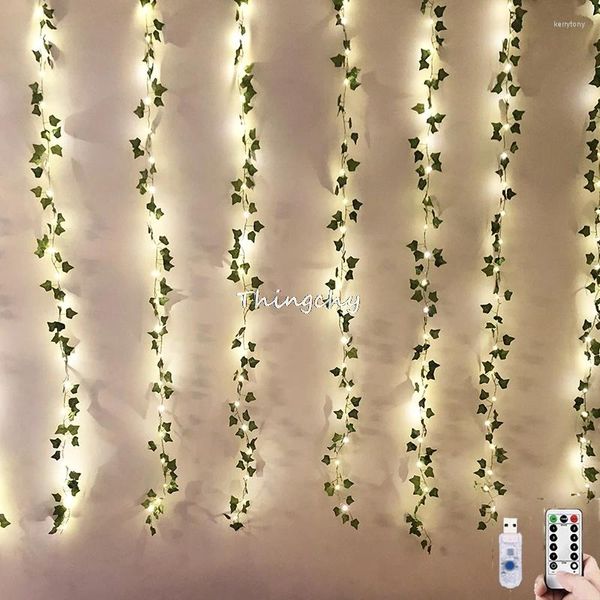 Cuerdas 3x2m 12 unids guirnalda de hiedra artificial plantas falsas vid hoja colgante con 200 luces de cadena LED decoración de la pared del partido del dormitorio del hogar