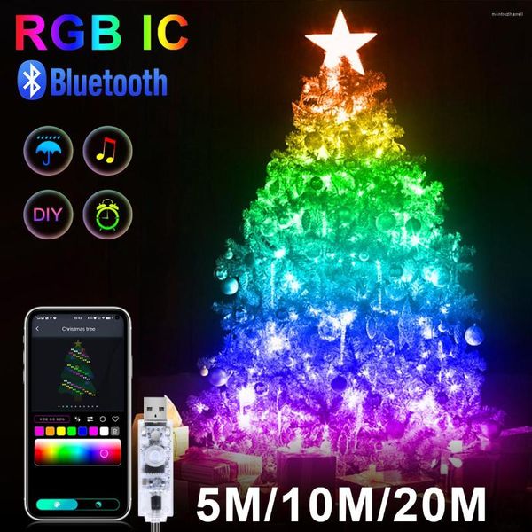 Cordes 5M/10M/20M WS2812B RGBIC Bluetooth Lumières De Noël LED Chaîne Fête D'anniversaire Salle De Mariage Décoration Lumière Adressable 5V USB