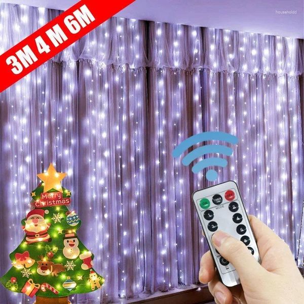 Cuerdas 6M 4M 3M LED Cortina Luces de cadena 8 modos Control remoto USB Vacaciones Boda Guirnalda de hadas para dormitorio Sala de estar Decoración