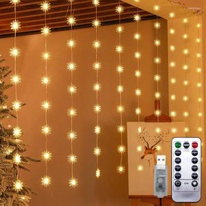 Cuerdas 8 modos intermitentes Copo de nieve Estrella LED Cortina Luces de cadena Hada de Navidad USB Lámpara de guirnalda remota Decoración de la boda de la habitación del hogar