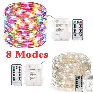 Strings 8 Modi Remote Control LED Fairy Lights Batterij bediende waterdichte touw Outdoor voor bruiloft kerstfeestdecoratie