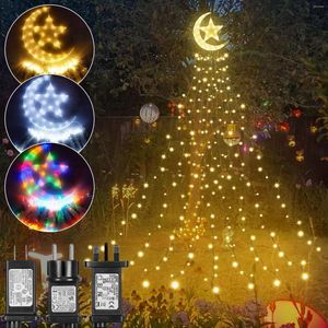 Strings 8 Modi Timer 350 LED Waterfall Christmas Tree Lights met Topper Moon Star Outdoor Fairy String Memory Garland Lighting