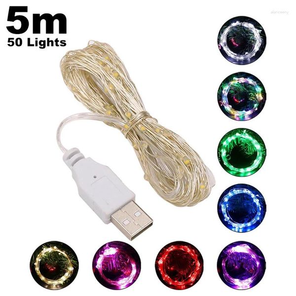 Cuerdas Aleación USB LED Luces de cadena coloridas Cobre Alambre de plata Guirnalda Luz Impermeable Hada Navidad Fiesta Decoración de la habitación