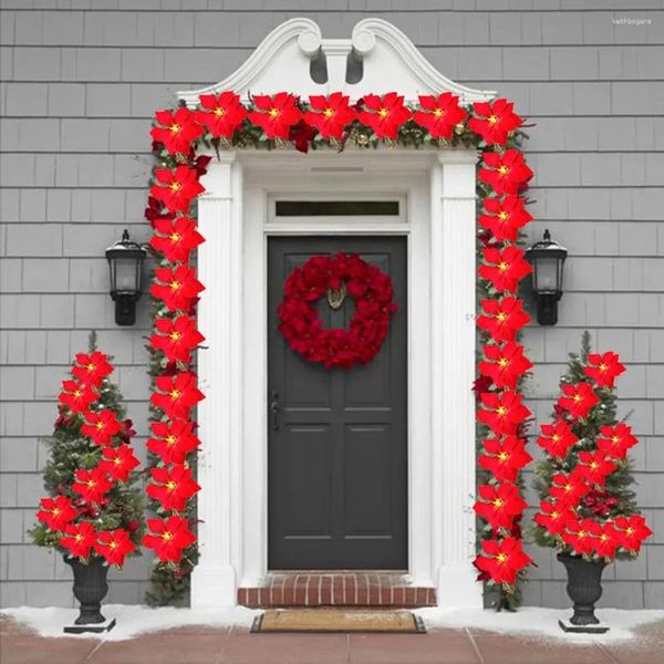 Ornements d'arbre de noël à piles, guirlandes lumineuses de poinsettia réalistes avec baies rouges et feuilles de houx, décoration de maison de vacances