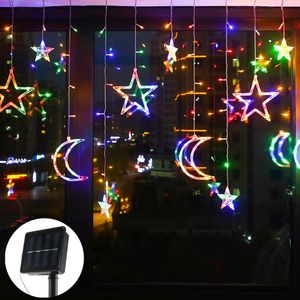 Cuerdas Decoración navideña Luces de cortina LED con energía solar con estrellas Lunas Regulable 8 modos de iluminación Temporizador Twinkle String LightLED