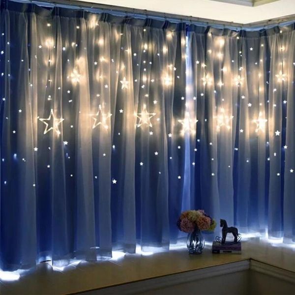 Cuerdas Navidad Luces LED Estrella de cinco puntas Cortina Estrellas Boda Hada Cumpleaños Decoración interior