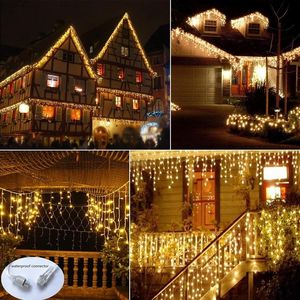 Cuerdas de luces de Navidad para exteriores, guirnalda de calle en la casa, luz de cortina de carámbano, conector impermeable para flecos