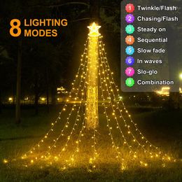 Strings Christmas Tree Garland Waterfall LED -lichten met Star Topper 8 Modi Outdoor Icicle Fairy Light voor Xmas Party Home Decor