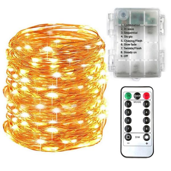 Cadenas de alambre de cobre Luz remota Control remoto 8 Modos Luces LED de hadas alimentadas por bater￭a para el ￡rbol de Navidad Decoraci￳n de la boda de la fiesta navide￱a