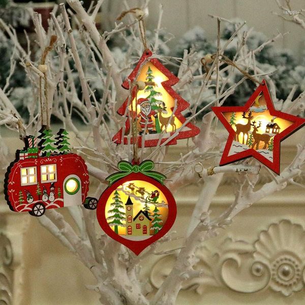 Cuerdas DIY Decoración del árbol de Navidad Luces LED Santa Claus Snow Man del alces Lámpara de luz colgante de madera 2022 años decoración navideña