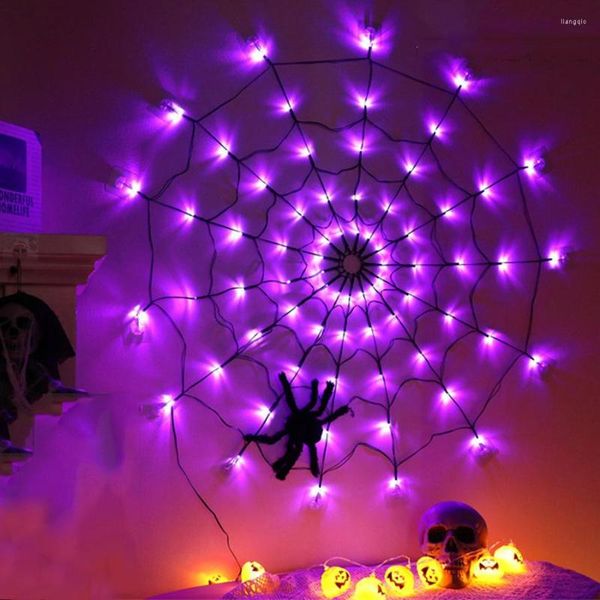 Cuerdas Halloween Spider Web Light con diámetro negro 1M 70LED Malla de red naranja para la decoración de la casa de la ventana de la fiesta