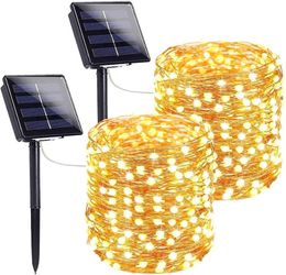 Cuerdas LED 2pcs10m 100 luces Cadena de alambre de cobre solar impermeable al aire libre 8 modos fiesta de Navidad guirnalda decorativa LightLED StringsLED