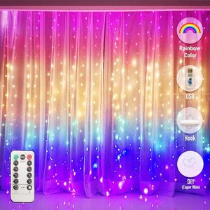 Strings LED Rainbow Curtain Fairy String Lights Remote Control USB Garland Lamp voor thuis slaapkamer raam vakantie kerstdecoratie