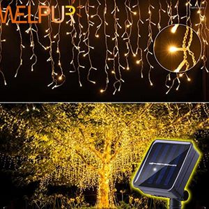 Strings LED Solar Icicle String Lights 3.5m Waterdichte Fairy Garland voor huwelijksfeest Home Garden Decor Outdoor