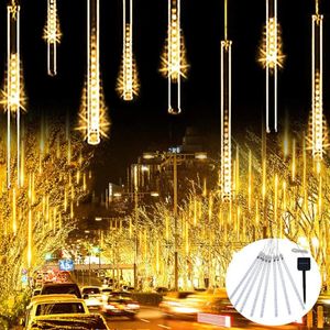 Snaren LED Zonne -aangedreven meteoren Douche Regenlicht vallen Dalende regendrop Fairy String 8 Tube Outdoor Garden Patio Tree Decor Garlandled