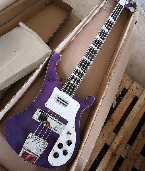 Guitare basse électrique violette à cordes, avec manche en palissandre, placage d'érable flammé