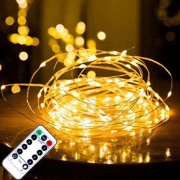 Cuerdas Control remoto Luces de hadas Alambre de cobre Temporizador LED Cadena Guirnalda Decoración navideña USB alimentado por batería