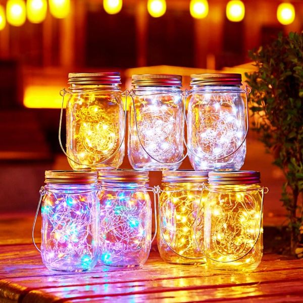 Cuerdas Luz de hadas solar para decoración de jardín Luces navideñas Boda al aire libre con tapa de tarro de masón Cambio de color Cuerdas LED LED