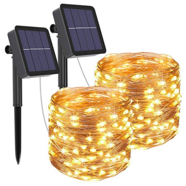 Cuerdas Luces de hadas solares Luz de cadena LED impermeable al aire libre 8 modos Alambre de plata para árbol Jardín Patio Patio de fiesta de boda