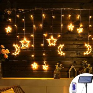 Cuerdas Solar LED Cortina Luz de cadena 3.5M Estrella Luna Hada Inalámbrica al aire libre para el hogar Fiesta de bodas Jardín Decoración de ventanas de NavidadLED