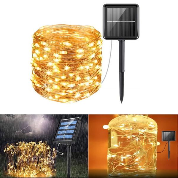 Cuerdas Luces solares Guirnalda exterior Cuerda Alambre de cobre Luz Hada LED Navidad Boda Decoración Noche LampLED