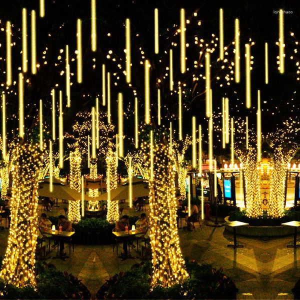 Cuerdas de lluvia de meteoros solares, luces LED de cadena, guirnalda de calle, decoración de árbol de Navidad, año al aire libre, cuento de hadas, jardín, Navidad