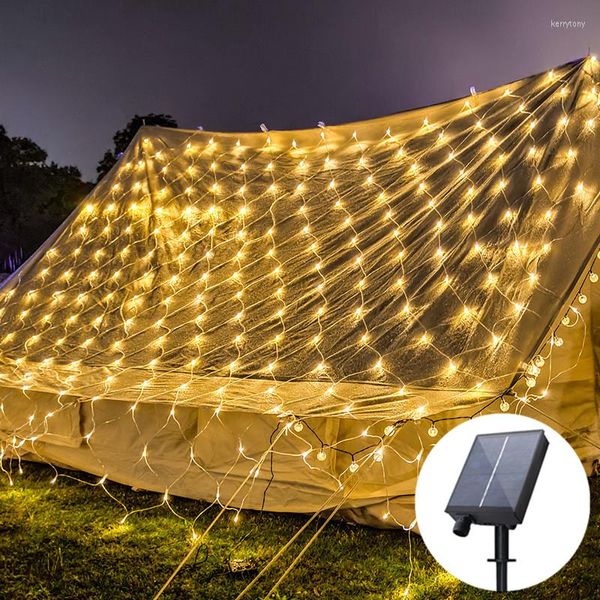 Cuerdas Energía solar Luz de red de Navidad LED al aire libre Cadena de malla Jardín Fiesta de vacaciones Boda Guirnalda de hadas 3x2m 4mx6m UE