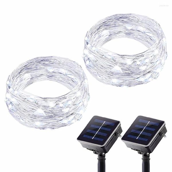 Cordes Solaire Alimenté Led Guirlande Lumineuse En Cuivre 8Modes 100LED 12M Décorations D'arbre De Noël Lumières Extérieur Jardin Fée Blanc Froid